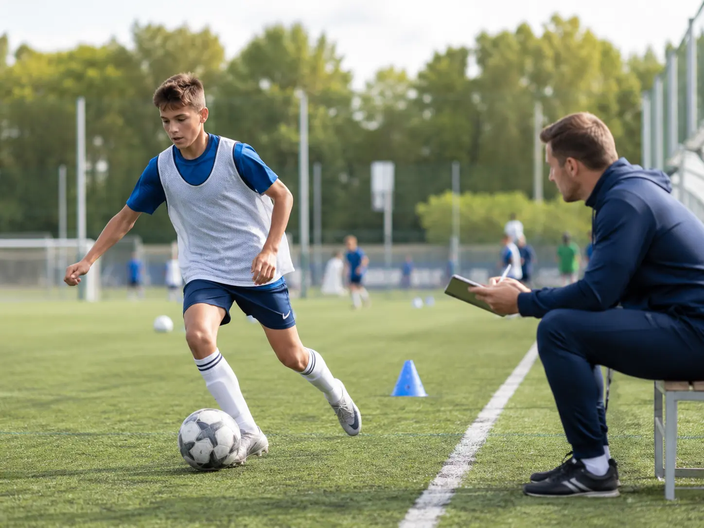 Trainer beobachtet einen jungen Fußballspieler beim Training in Lübeck für Scouting und Spielanalyse bei Bodien Fußballtraining.